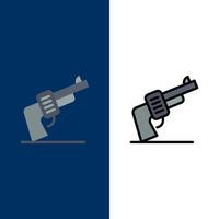 pistolet main arme icônes américaines plat et ligne remplie icône ensemble vecteur fond bleu