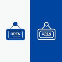 panneau de marketing ligne ouverte et glyphe icône solide bannière bleue ligne et glyphe icône solide bannière bleue vecteur