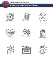 joyeux jour de l'indépendance usa pack de 9 lignes créatives de ballons de jour drapeau de feu amour éléments de conception vectoriels modifiables usa day vecteur