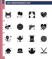 ensemble moderne de 16 glyphes et symboles solides le jour de l'indépendance des états-unis tels que canon usa divertissement drapeau coeur modifiable usa day vector design elements