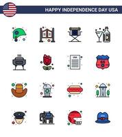 joyeux jour de l'indépendance 16 lignes plates remplies pack d'icônes pour le web et l'impression verre chaise américaine vin télévision modifiable usa day vector design elements