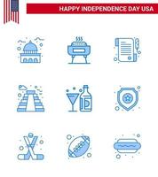 pack bleu de 9 symboles de la fête de l'indépendance des états-unis du vin usa vacances point de repère américain modifiable usa day vector design elements
