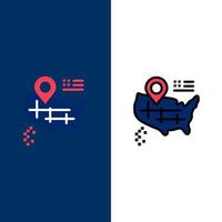carte de localisation icônes américaines plat et ligne remplie icône ensemble vecteur fond bleu