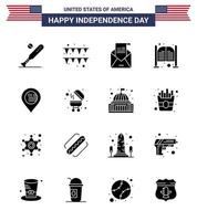 joyeux jour de l'indépendance usa pack de 16 glyphes solides créatifs d'entrée saloon email portes mail modifiables usa day vector design elements