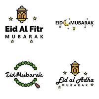 carte de voeux de vecteur pour eid mubarak design lampes suspendues croissant jaune swirly brush typeface pack de 4 textes eid mubarak en arabe sur fond blanc