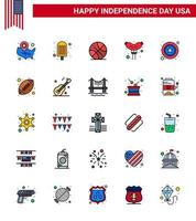 usa joyeux jour de l'indépendancepictogramme ensemble de 25 lignes simples remplies à plat d'hommes étoiles backetball saucisse alimentaire modifiable usa day vector design elements