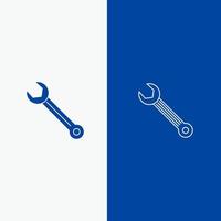 clé à molette construction de bâtiments réparation ligne et glyphe icône solide bannière bleue ligne et glyphe icône solide bannière bleue vecteur