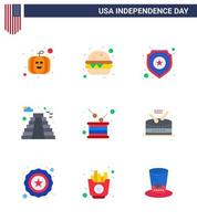 pack de 9 signes d'appartements de célébration de la fête de l'indépendance des états-unis et symboles du 4 juillet tels que le tambour de l'indépendance star day repère modifiable usa day vector design elements