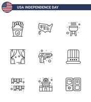 joyeux jour de l'indépendance 9 lignes pack d'icônes pour le web et l'impression armée pistolet barbecue usa loisirs modifiables usa day vector design elements