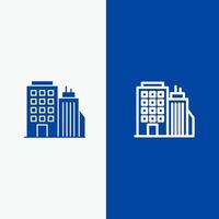 bâtiment tour de bureaux siège social ligne et glyphe icône solide bannière bleue ligne et glyphe icône solide bannière bleue vecteur
