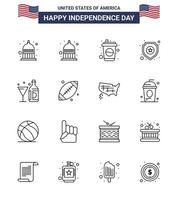 ensemble de 16 icônes de la journée des états-unis symboles américains signes de la fête de l'indépendance pour le bouclier de la bouteille de balle boisson américaine modifiable éléments de conception de vecteur de la journée des états-unis
