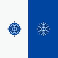globe focus cible ligne connectée et glyphe icône solide bannière bleue ligne et glyphe icône solide bannière bleue vecteur