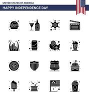 joyeux jour de l'indépendance 16 pack d'icônes de glyphes solides pour le web et l'impression bâtiment usa hommes vidéo américain modifiable usa day vector design elements