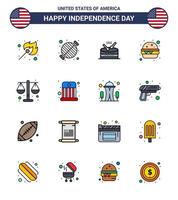 joyeux jour de l'indépendance 16 pack d'icônes de lignes remplies à plat pour le web et l'impression justice repas fête fast food parade modifiable usa day vector design elements