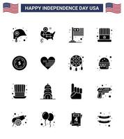 16 signes de glyphes solides pour le jour de l'indépendance des états-unis maony drapeau américain usa cap modifiable usa day vector design elements