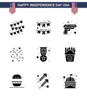 9 usa solide glyphe signes célébration de la fête de l'indépendance symboles de badge usa pistolet américain feu d'artifice modifiable usa day vector design elements