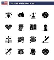 groupe de 16 glyphes solides définis pour le jour de l'indépendance des états-unis d'amérique tels que le drapeau love award heart sports modifiables usa day vector design elements