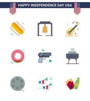 ensemble de 9 appartements modernes pack le jour de l'indépendance des états-unis arme sécurité musique pistolet nourriture modifiable usa day vector design elements