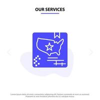 nos services drapeau américain carte monde glyphe solide icône modèle de carte web vecteur