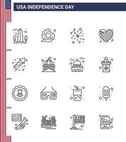 pack d'icônes vectorielles stock de jour américain 16 signes et symboles de ligne pour la célébration coeur nourriture drapeau usa modifiable usa day vector design elements