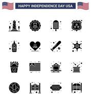 ensemble de 16 pack de glyphes solides modernes sur le jour de l'indépendance des états-unis bouteille police usa bouclier américain modifiable usa day vector design elements