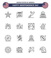 ensemble de 16 lignes modernes pack sur la fête de l'indépendance des états-unis bière point de repère ball city usa modifiable usa day vector design elements