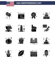 4 juillet usa joyeux jour de l'indépendance icône symboles groupe de 16 glyphes solides modernes de tasse signe de la police bâtiment de la station de vacances éléments de conception vectoriels modifiables usa day vecteur