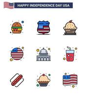 9 usa plat rempli ligne pack de signes et symboles de la fête de l'indépendance de madison drapeau international gâteau drapeau thanksgiving modifiable usa day vector design elements