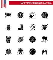 usa joyeux jour de l'indépendance ensemble de pictogrammes de 16 glyphes solides simples de tuyau de bouteille de boisson jeu américain modifiable éléments de conception de vecteur de jour des états unis