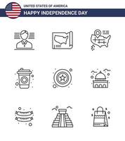 joyeux jour de l'indépendance 9 lignes pack d'icônes pour le web et l'impression bâtiment étoile carte police boisson modifiable usa day vector design elements