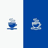 tasse de thé café hôtel ligne et glyphe icône solide bannière bleue vecteur