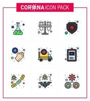 9 lignes remplies pack d'icônes corona de virus viral de couleur plate tels que les tubes de lavage corona virus médical coronavirus viral 2019nov éléments de conception de vecteur de maladie