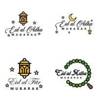 pack de 4 vecteurs de texte de calligraphie arabe avec la lune et les étoiles de l'aïd moubarak pour la célébration du festival de la communauté musulmane vecteur