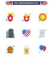 gros pack de 9 usa joyeux jour de l'indépendance usa vecteur appartements et symboles modifiables du coeur américain usa bâtiment américain modifiable usa day vector design elements