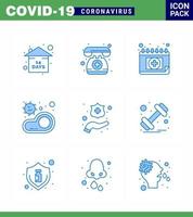 icône de sensibilisation au coronavirus 9 icônes bleues icône incluse protéger les mains rendez-vous de transmission viande bactéries coronavirus viral 2019nov éléments de conception de vecteur de maladie