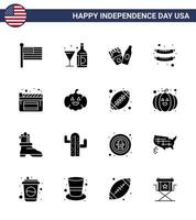 16 icônes créatives des États-Unis signes d'indépendance modernes et symboles du 4 juillet du film cinéma verre saucisse alimentaire modifiable éléments de conception vectorielle de la journée des États-Unis vecteur