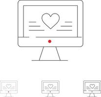jeu d'icônes de ligne noire audacieuse et fine de mariage de coeur d'amour d'ordinateur vecteur