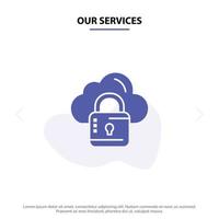 nos services cloud network lock verrouillé icône de glyphe solide modèle de carte web vecteur