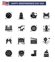 joyeux jour de l'indépendance usa pack de 16 glyphes solides créatifs de porte paysage urbain états ville pont modifiable usa jour vecteur éléments de conception