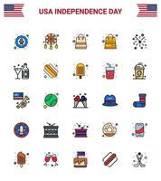 joyeux jour de l'indépendance 25 pack d'icônes de lignes remplies à plat pour le web et l'impression boisson american western fire shop modifiables usa day vector design elements