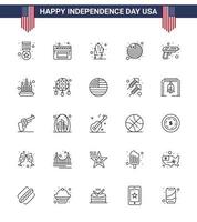 joyeux jour de l'indépendance 25 lignes pack d'icônes pour le web et l'impression arme sécurité fleur pistolet drapeau modifiable usa jour vecteur éléments de conception