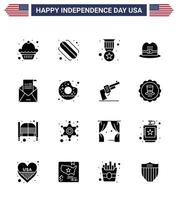 16 signes de glyphes solides pour l'enveloppe de la médaille de voeux de la fête de l'indépendance des États-Unis vecteur