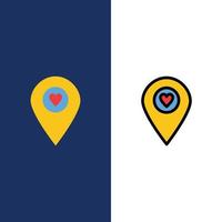 coeur emplacement carte pointeur icônes plat et ligne remplie icône ensemble vecteur fond bleu