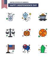 usa independance day plat rempli ligne ensemble de 9 pictogrammes usa de basket-ball citrouille mine loi américaine modifiable usa day vector design elements