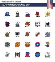 pack de 25 célébrations de la fête de l'indépendance des états-unis signes de lignes remplies à plat et symboles du 4 juillet tels que la police plent drum usa fleur modifiable usa day vector design elements