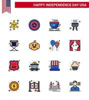 16 signes de ligne remplis à plat pour la fête de l'indépendance des états-unis directeur étoile chaise de thé barbecue modifiable usa day vector design elements