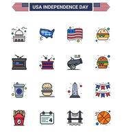 joyeux jour de l'indépendance usa pack de 16 lignes créatives remplies à plat d'independece drum usa repas burger modifiable usa day vector design elements