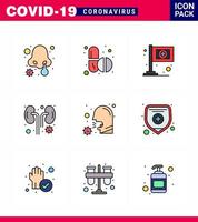 covid19 protection coronavirus pendamic 9 ligne remplie jeu d'icônes de couleur plate comme les soins de santé assistance contre la toux coronavirus viral infecté par les reins 2019nov éléments de conception de vecteur de maladie