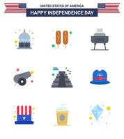 pack de 9 signes d'appartements de célébration de la fête de l'indépendance des états-unis et symboles du 4 juillet tels que l'arme de célébration américaine historique canon modifiable usa day vector design elements