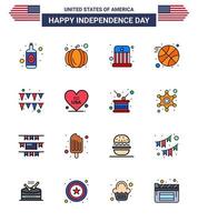 usa independance day plat rempli ligne ensemble de 16 pictogrammes usa d'amour papier enfants guirlande sports modifiables usa day vector design elements